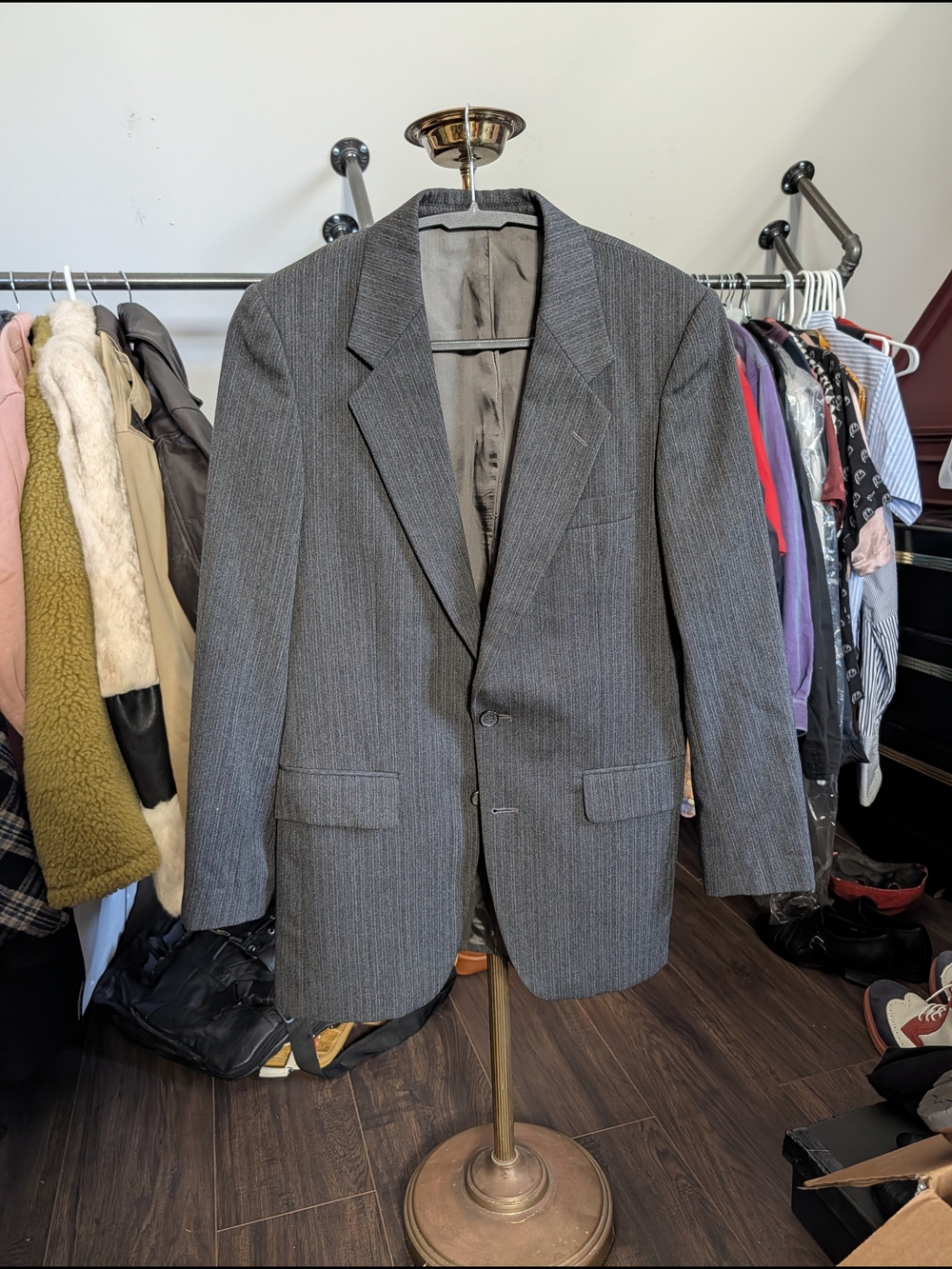 Yves Saint Laurent Made in France Gray Pinstriped Structured Tailored Jacket